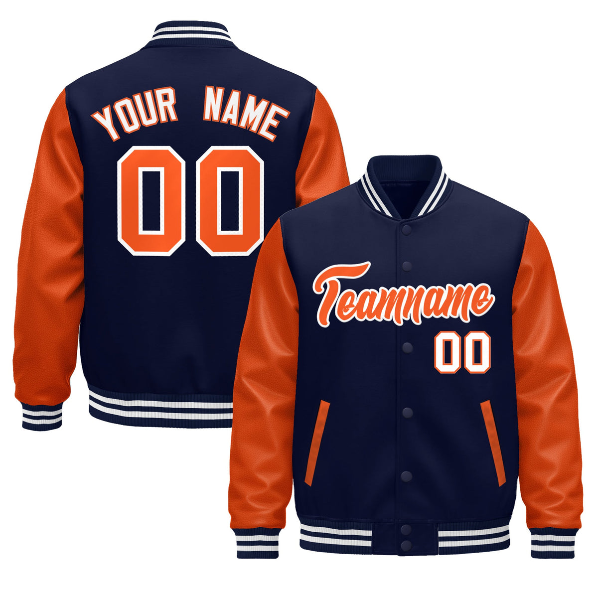 Custom Navy Orange White Raglan Sleeves Varsity Full-Snap Leather Sleeves Letterman Jacket| KXKSHOP