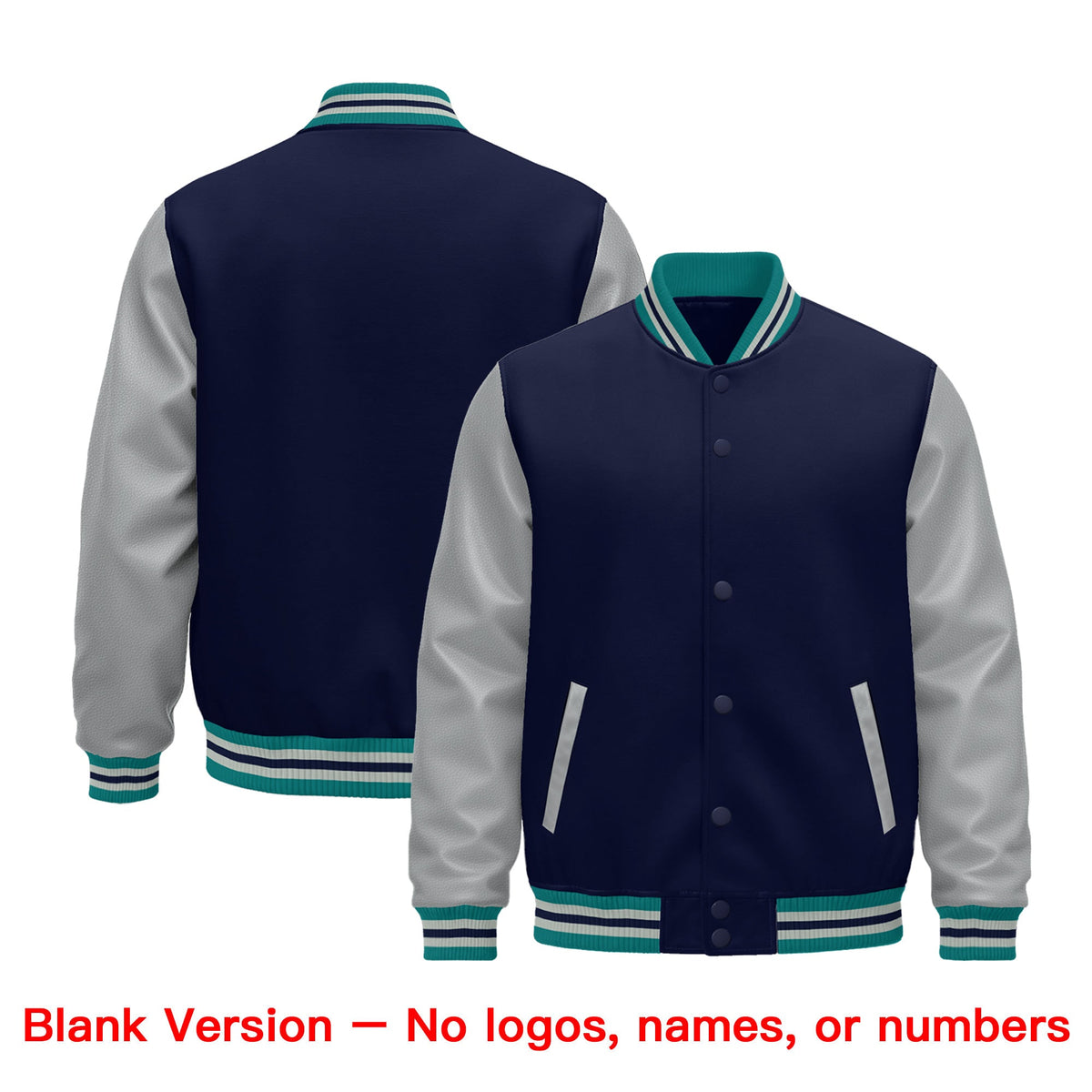 Custom Teal Gray Navy Raglan Sleeves Varsity Full-Snap Leather Sleeves Letterman Jacket| KXKSHOP