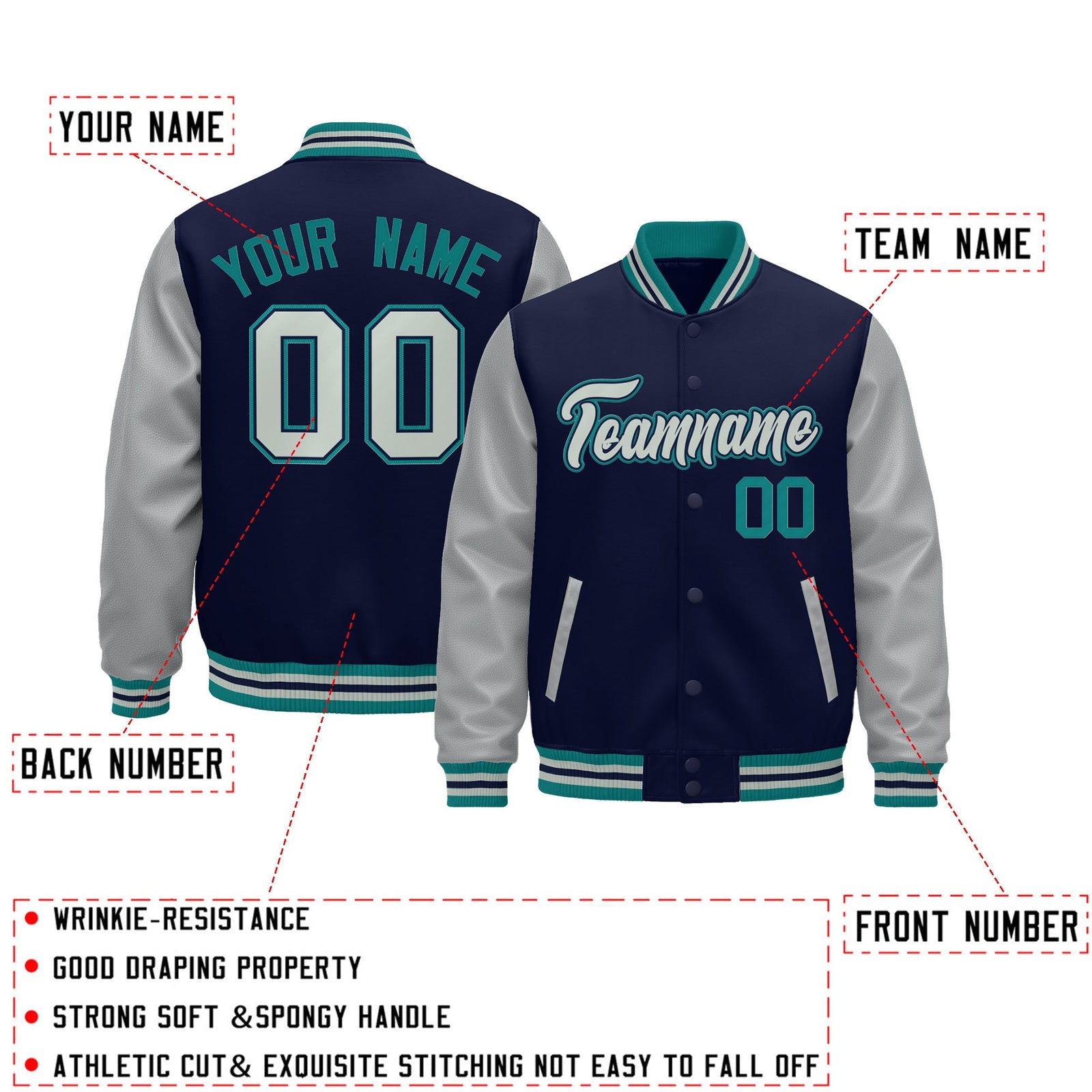 Custom Teal Gray Navy Raglan Sleeves Varsity Full-Snap Leather Sleeves Letterman Jacket| KXKSHOP