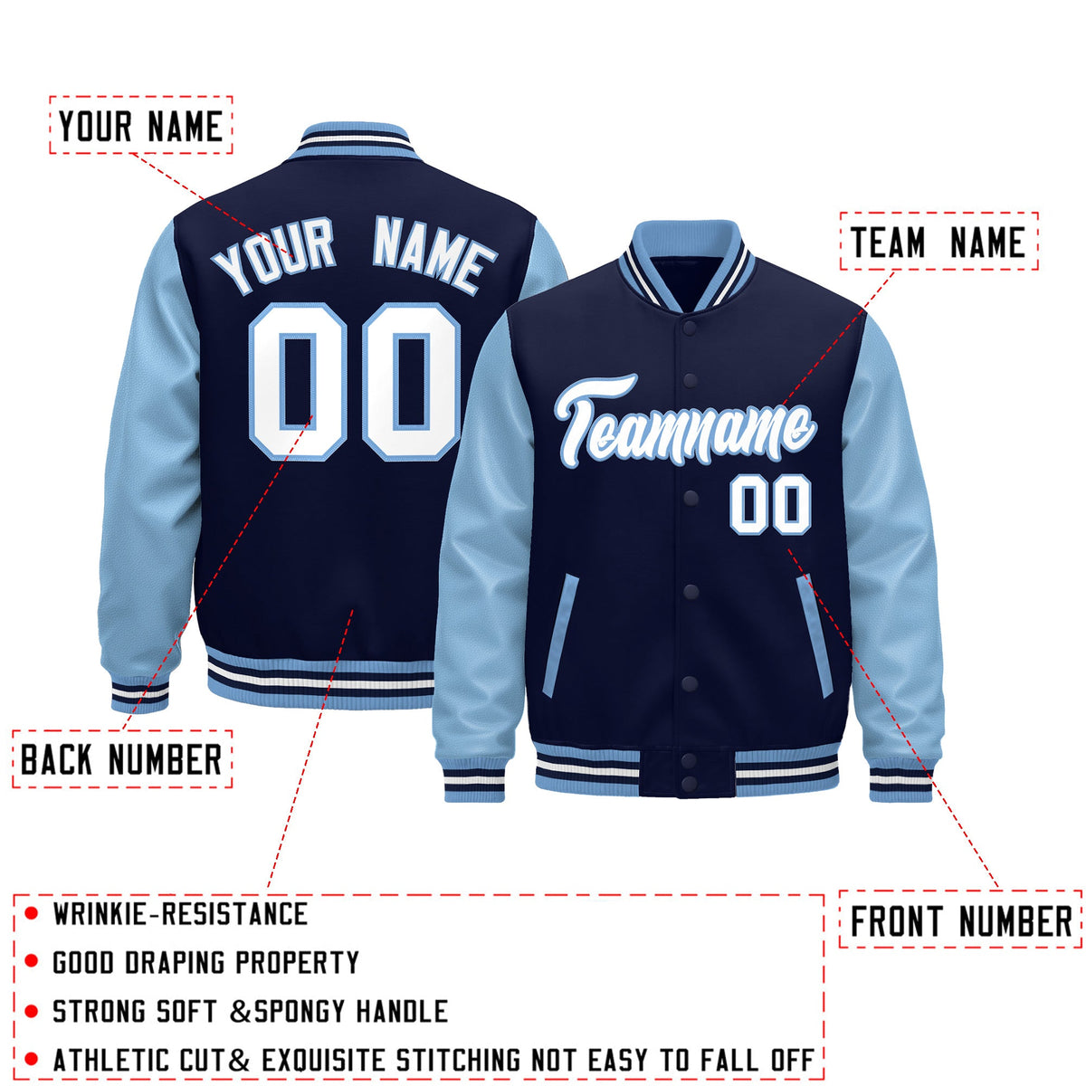 Custom Light Blue Navy White Raglan Sleeves Varsity Full-Snap Leather Sleeves Letterman Jacket| KXKSHOP