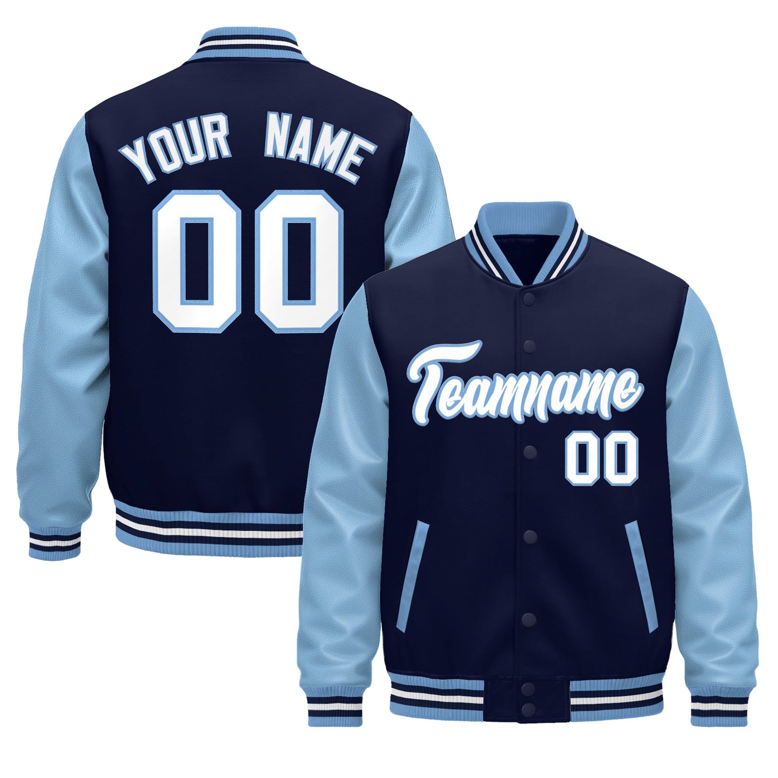 Custom Light Blue Navy White Raglan Sleeves Varsity Full-Snap Leather Sleeves Letterman Jacket| KXKSHOP