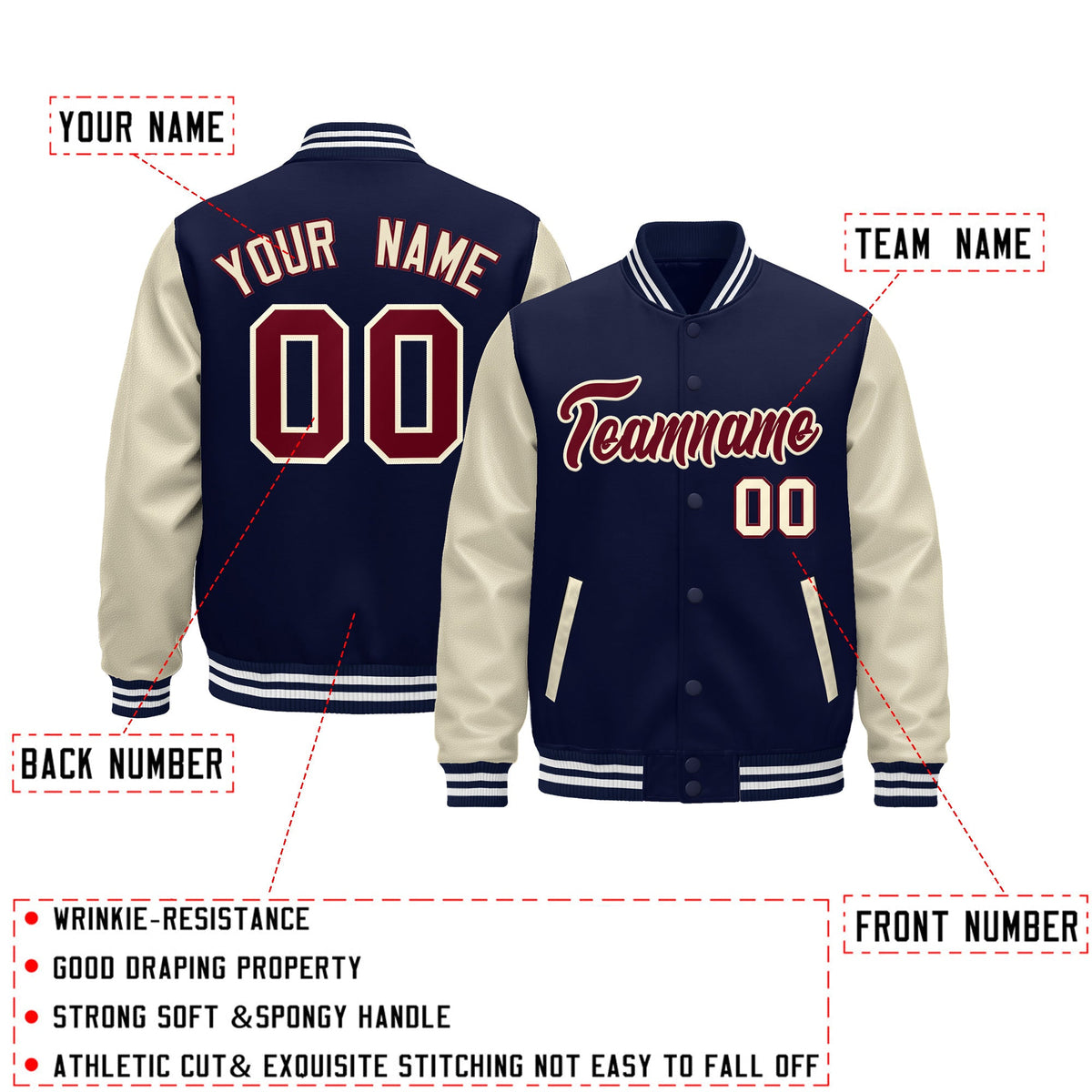 Custom Navy Cream White Raglan Sleeves Varsity Full-Snap Leather Sleeves Letterman Jacket| KXKSHOP