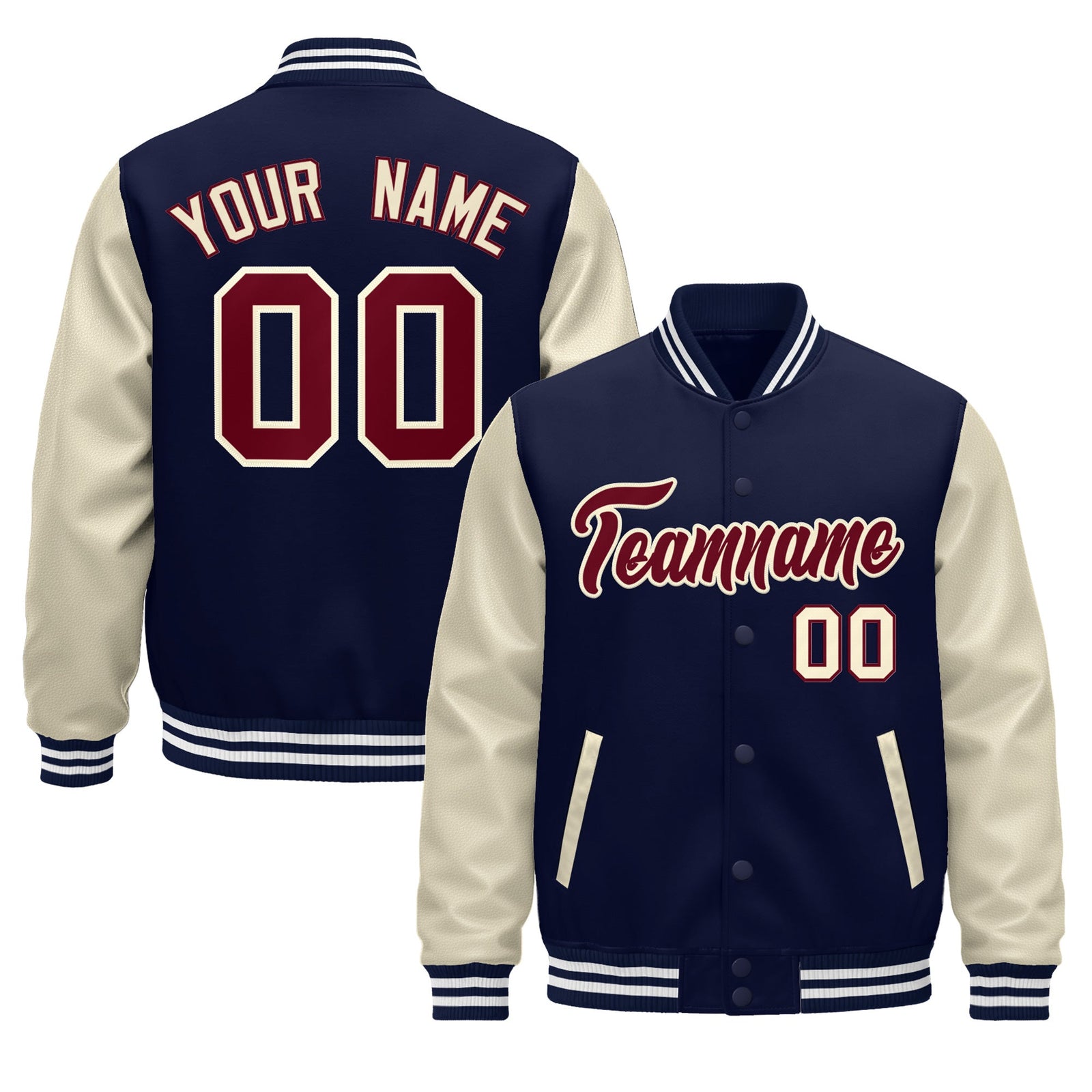 Custom Navy Cream White Raglan Sleeves Varsity Full-Snap Leather Sleeves Letterman Jacket| KXKSHOP