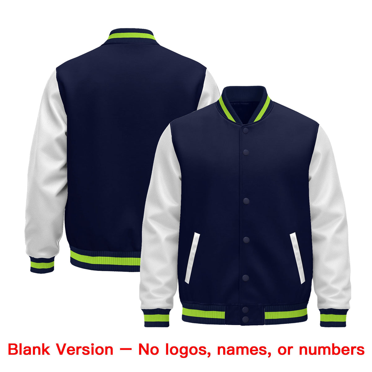 Custom Navy White Neon Green Raglan Sleeves Varsity Full-Snap Leather Sleeves Letterman Jacket| KXKSHOP