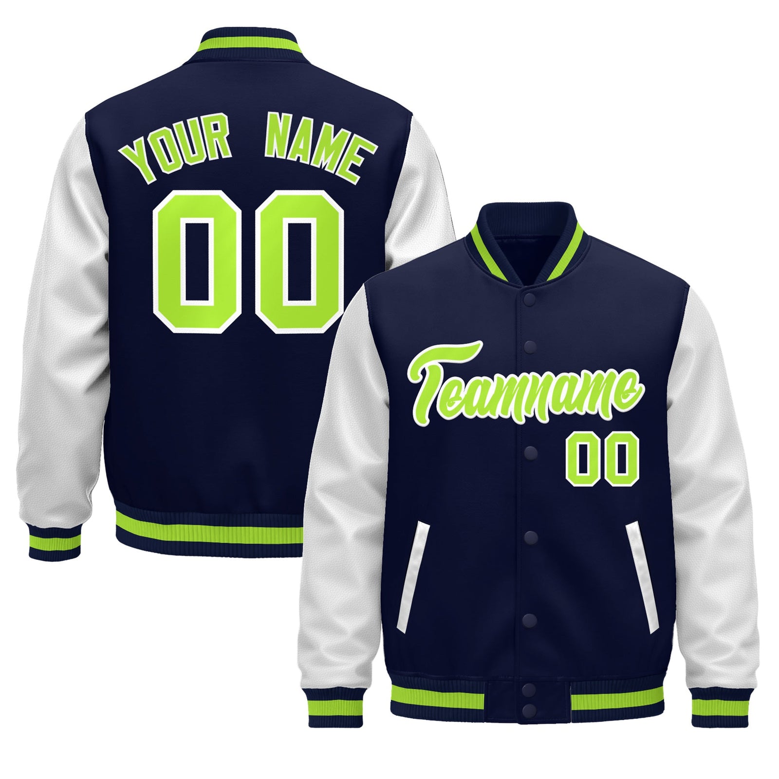 Custom Navy White Neon Green Raglan Sleeves Varsity Full-Snap Leather Sleeves Letterman Jacket| KXKSHOP