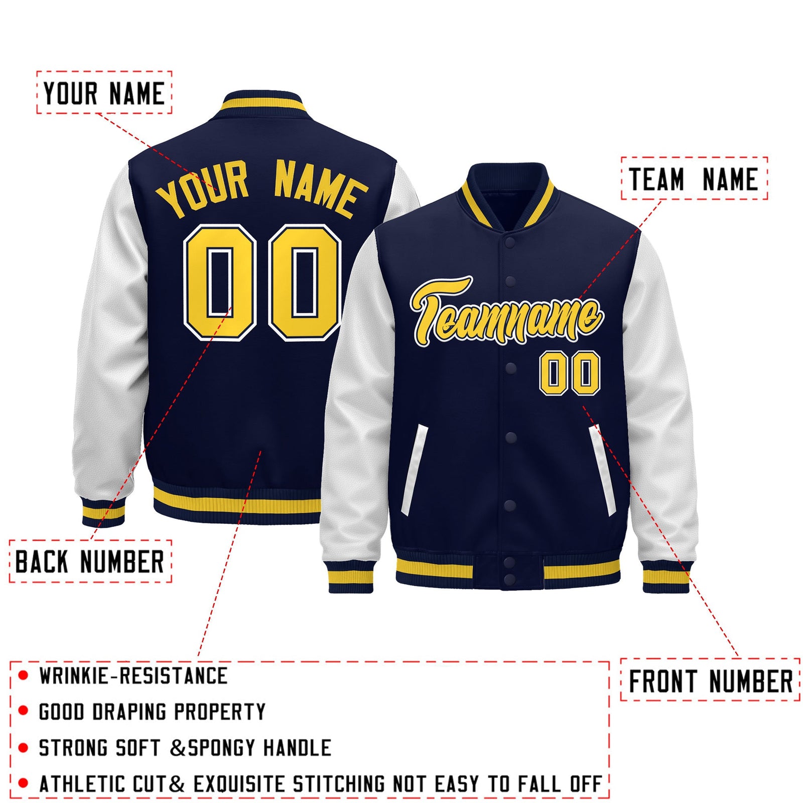 Custom Navy White Gold Raglan Sleeves Varsity Full-Snap Leather Sleeves Letterman Jacket| KXKSHOP