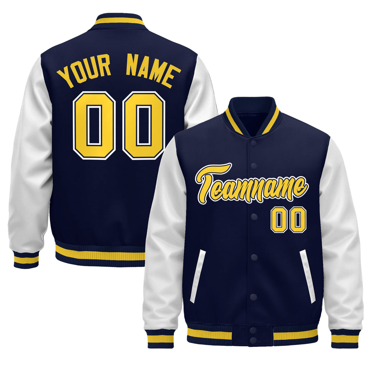Custom Navy White Gold Raglan Sleeves Varsity Full-Snap Leather Sleeves Letterman Jacket| KXKSHOP