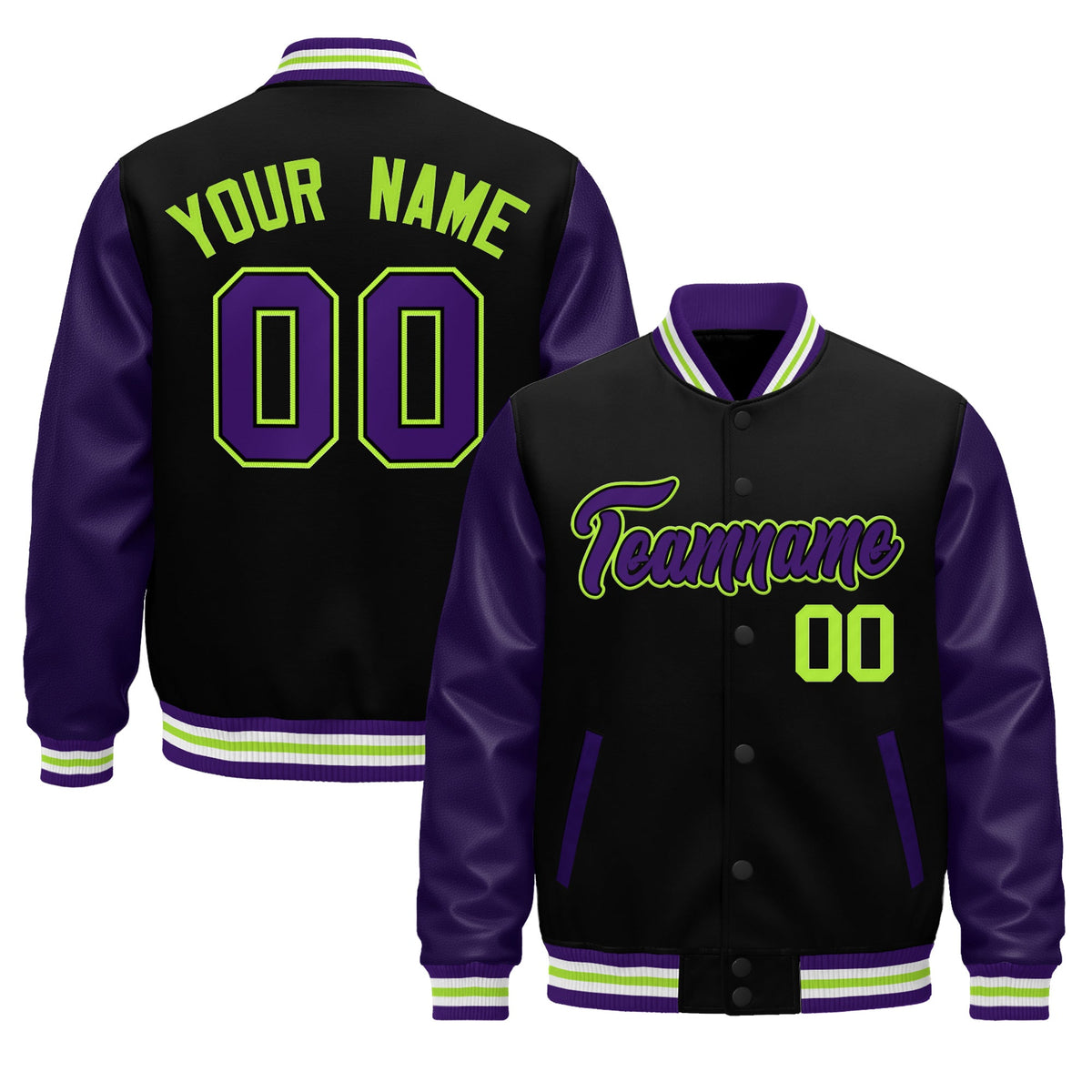 Custom Purple Black Neon Green Raglan Sleeves Varsity Full-Snap Leather Sleeves Letterman Jacket| KXKSHOP