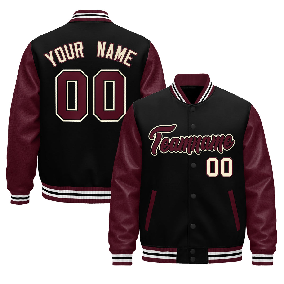 Custom Burgundy Black Crimson Raglan Sleeves Varsity Full-Snap Leather Sleeves Letterman Jacket| KXKSHOP