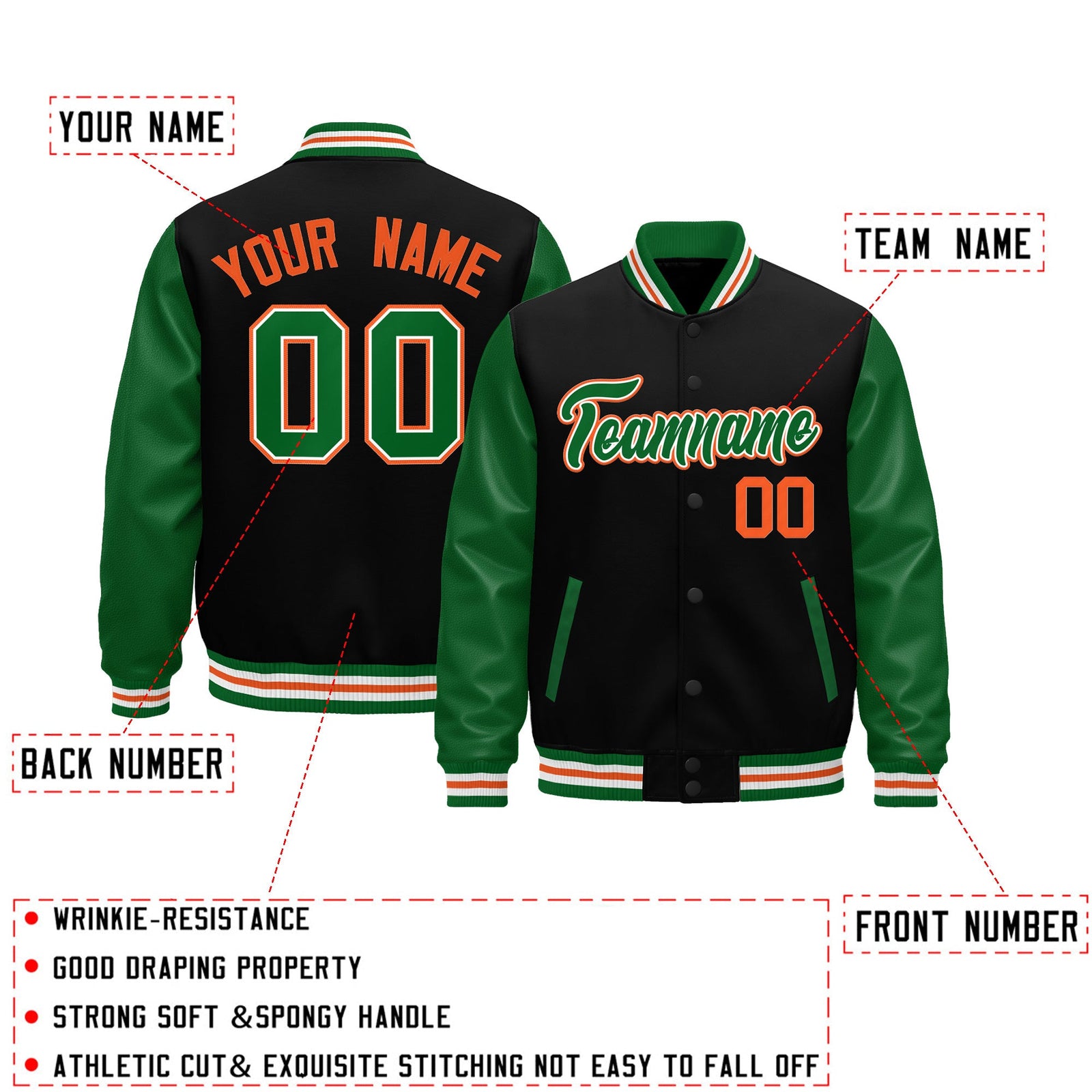 Custom Black Kelly Green White Orange Raglan Sleeves Varsity Full-Snap Letterman Jacket| KXKSHOP