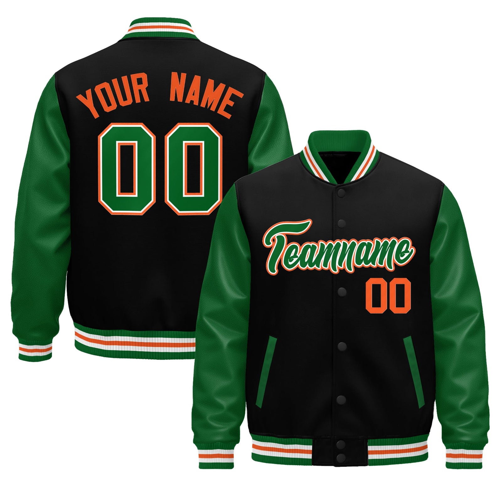 Custom Black Kelly Green White Orange Raglan Sleeves Varsity Full-Snap Letterman Jacket| KXKSHOP