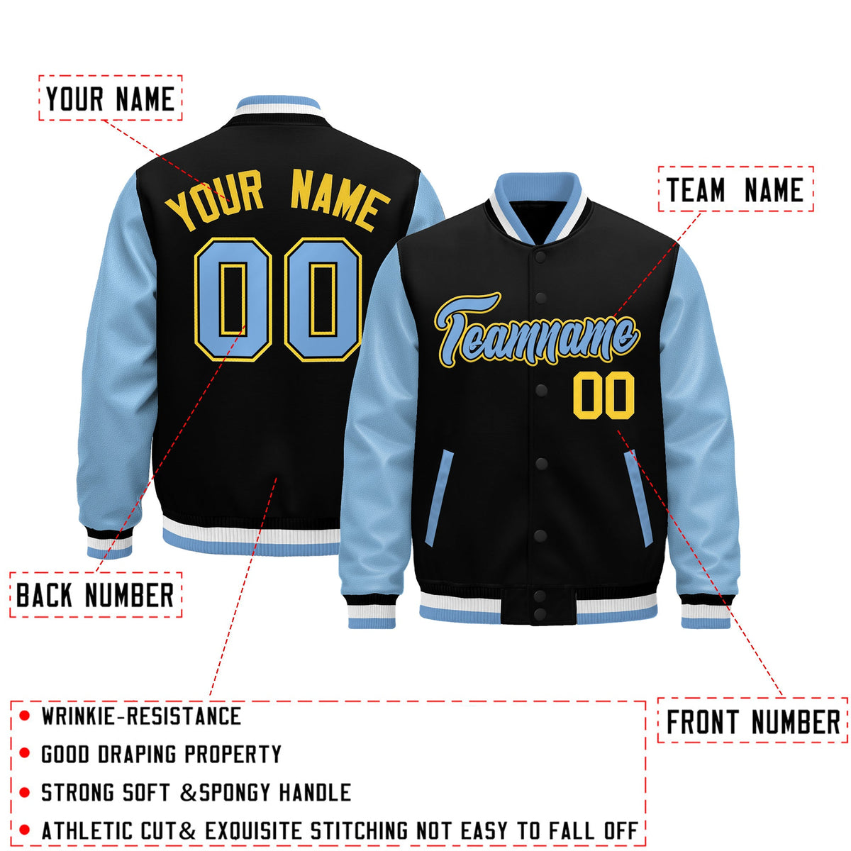Custom Black Light Blue White Raglan Sleeves Varsity Full-Snap Leather Sleeves Letterman Jacket| KXKSHOP