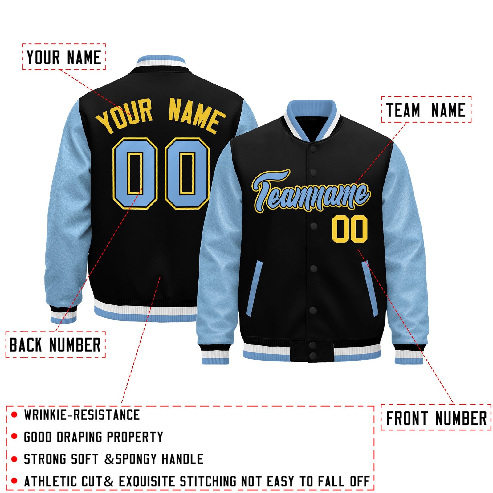 Custom Black Light Blue White Raglan Sleeves Varsity Full-Snap Leather Sleeves Letterman Jacket| KXKSHOP