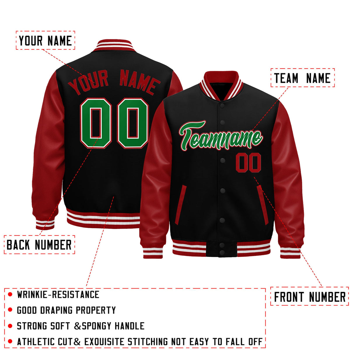 Custom Black Red White Kelly Green Raglan Sleeves Varsity Full-Snap Letterman Jacket| KXKSHOP