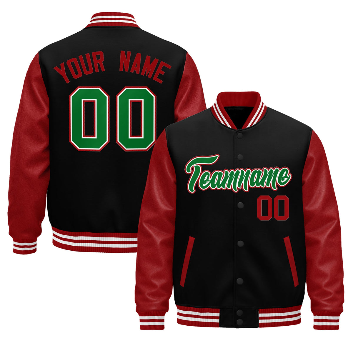 Custom Black Red White Kelly Green Raglan Sleeves Varsity Full-Snap Letterman Jacket| KXKSHOP