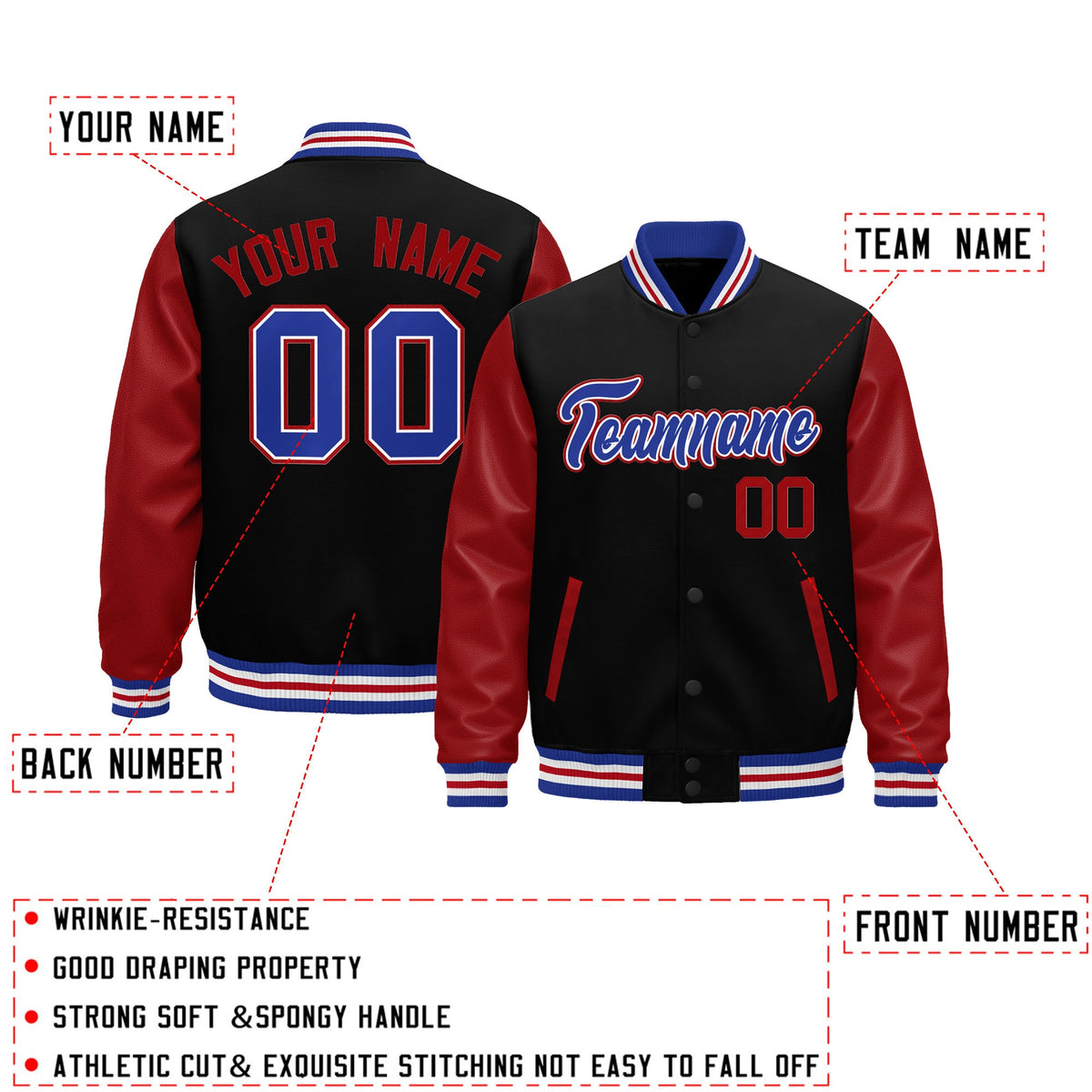 Custom Black Red Royal Blue White Raglan Sleeves Varsity Full-Snap Leather Sleeves Letterman Jacket| KXKSHOP