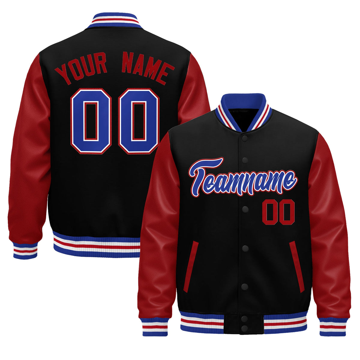 Custom Black Red Royal Blue White Raglan Sleeves Varsity Full-Snap Leather Sleeves Letterman Jacket| KXKSHOP