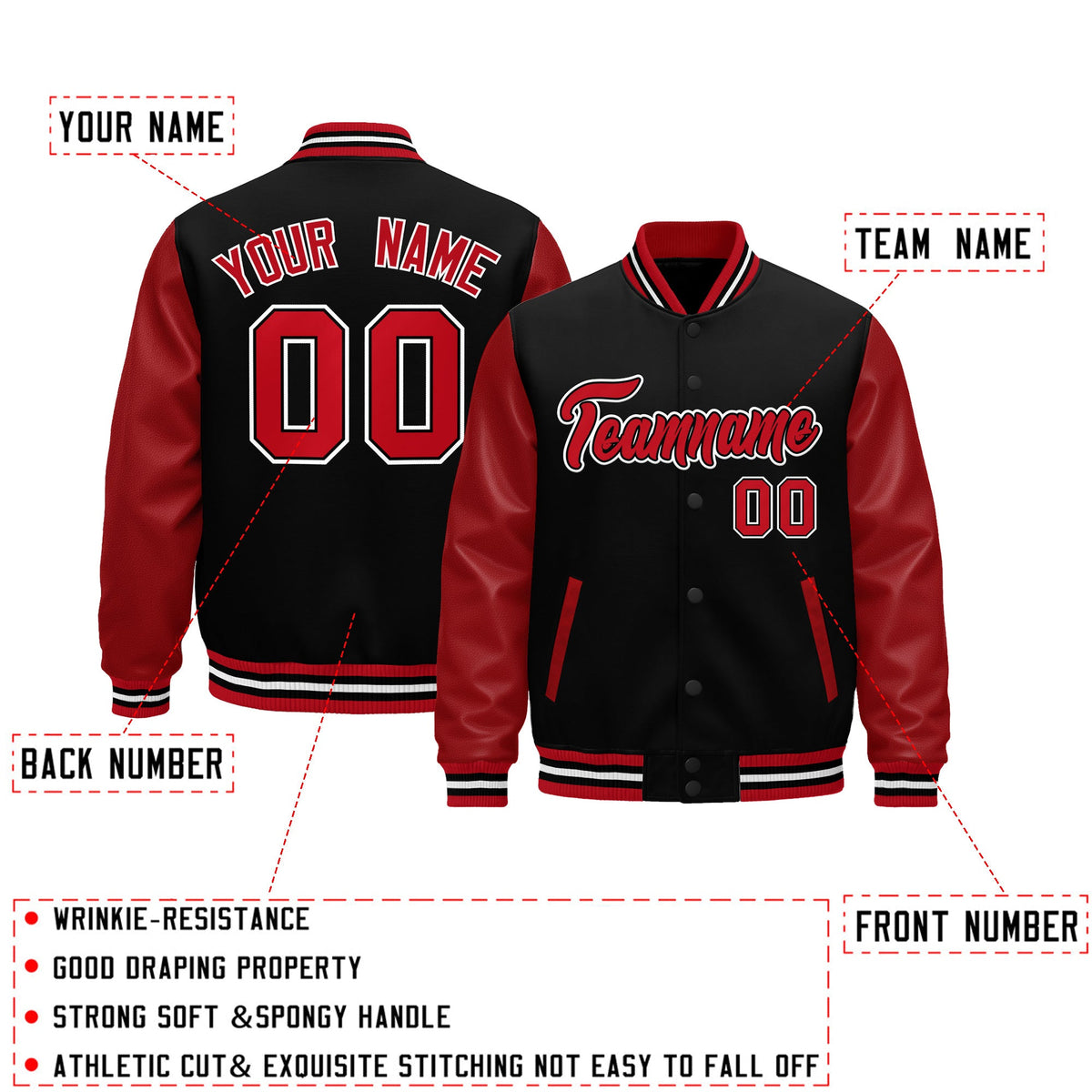 Custom Red Black White Raglan Sleeves Varsity Full-Snap Leather Sleeves Letterman Jacket| KXKSHOP