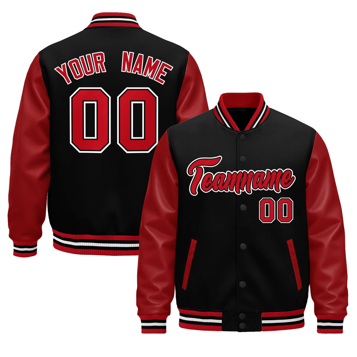 Custom Red Black White Raglan Sleeves Varsity Full-Snap Leather Sleeves Letterman Jacket| KXKSHOP