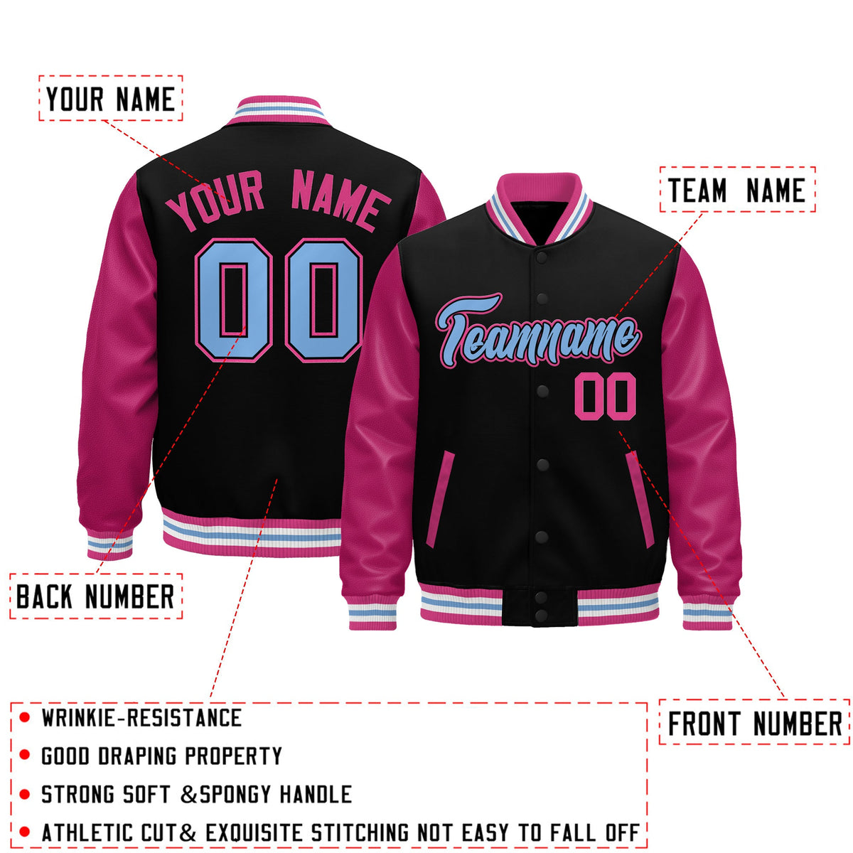 Custom Black Pink White Light Blue Raglan Sleeves Varsity Full-Snap Leather Sleeves Letterman Jacket| KXKSHOP