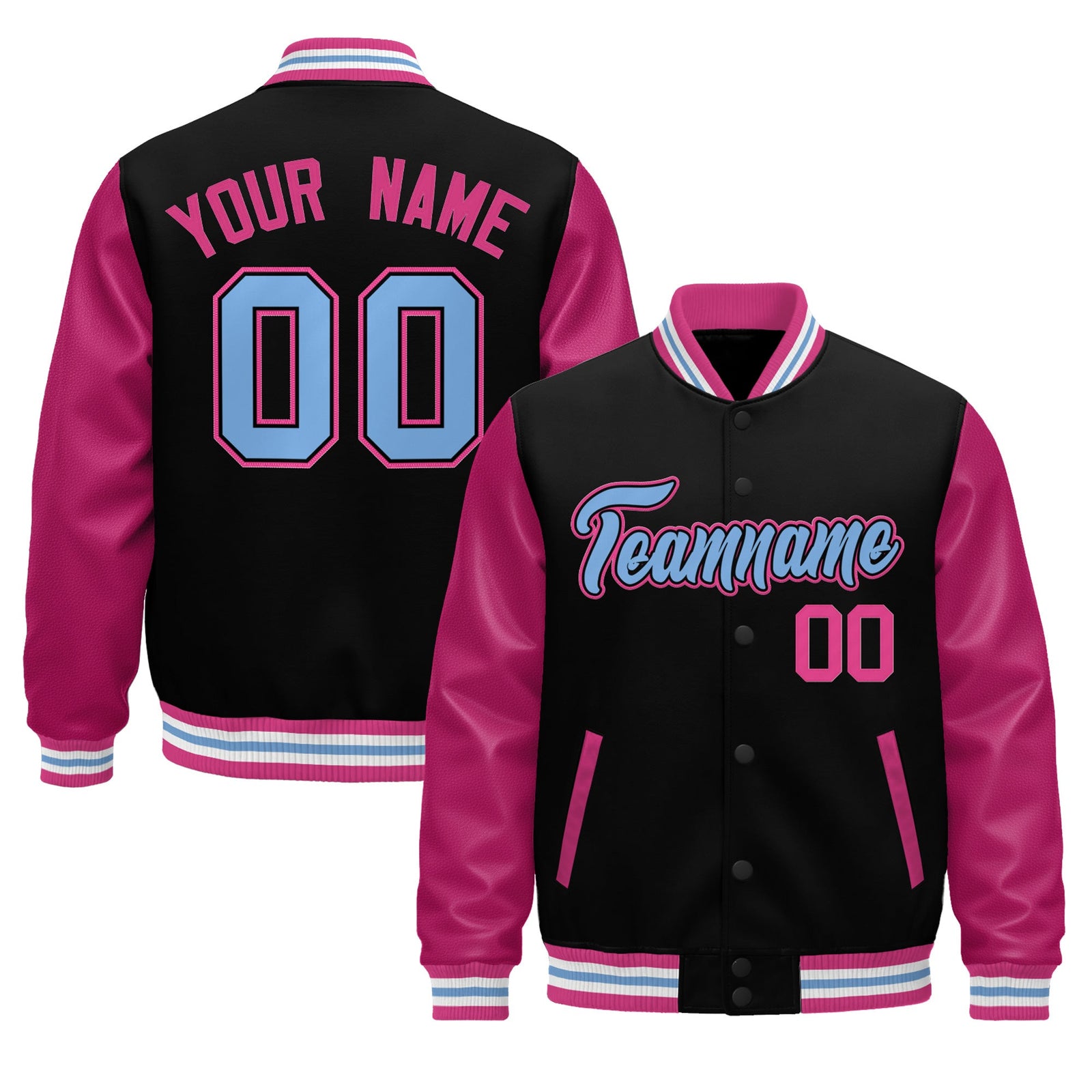 Custom Black Pink White Light Blue Raglan Sleeves Varsity Full-Snap Leather Sleeves Letterman Jacket| KXKSHOP