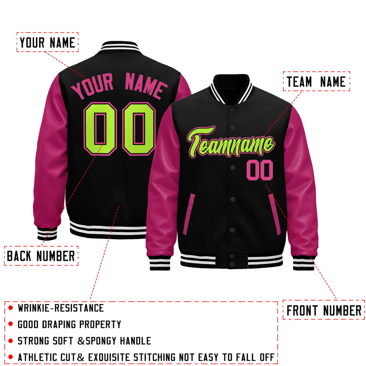 Custom Black Pink White Neon Green Raglan Sleeves Varsity Full-Snap Leather Sleeves Letterman Jacket| KXKSHOP