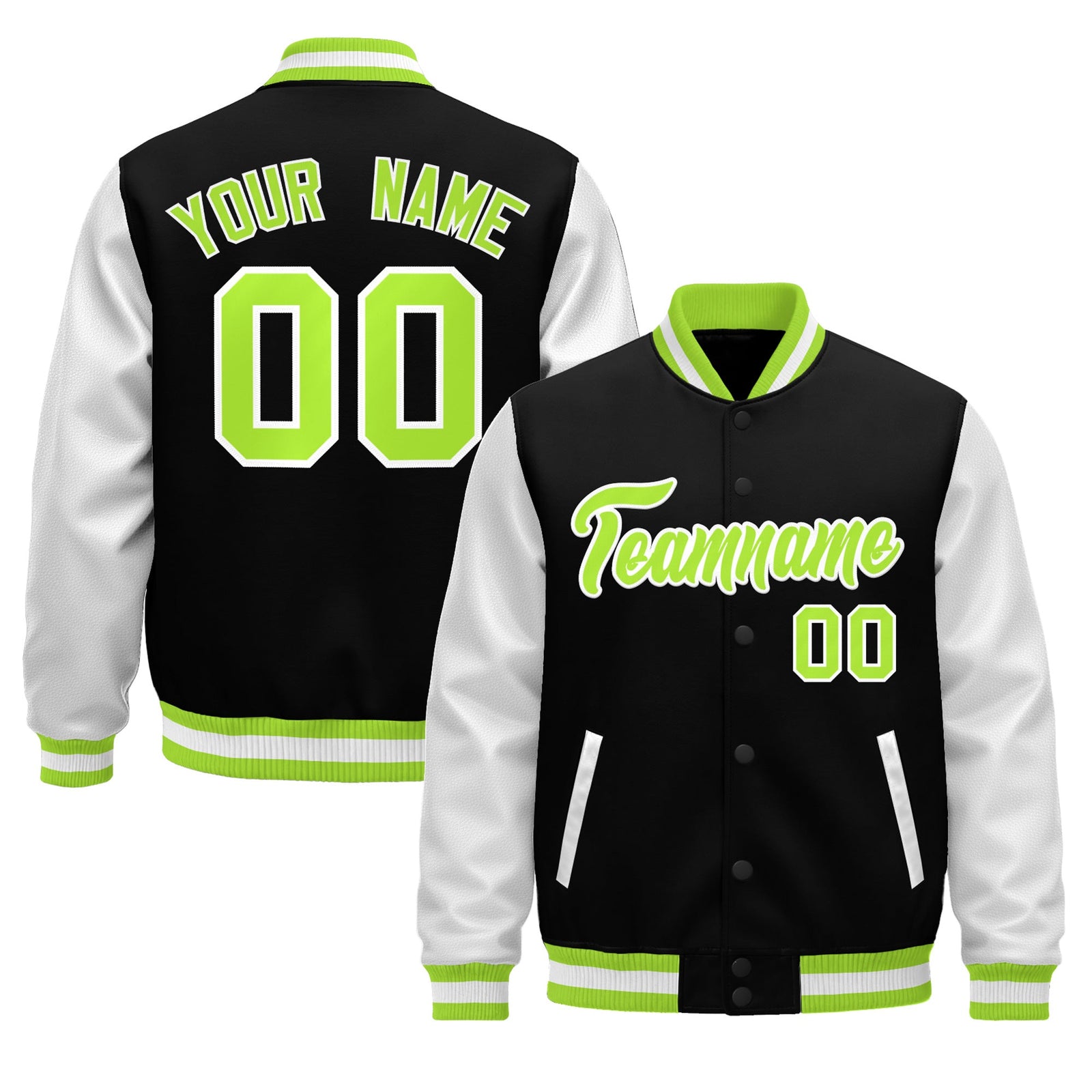 Custom Black Neon Green White Raglan Sleeves Varsity Full-Snap Leather Sleeves Letterman Jacket| KXKSHOP