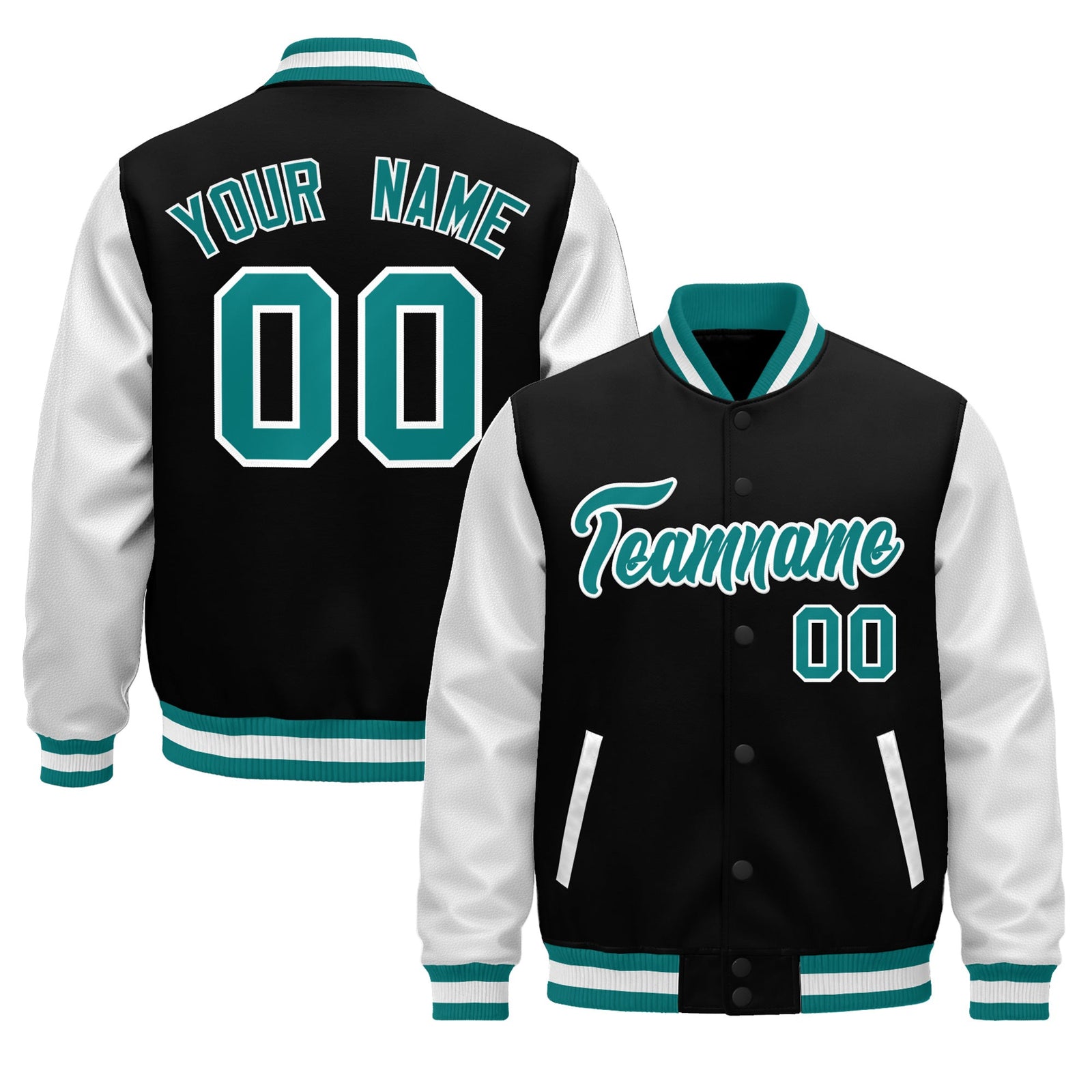Custom Black Teal White Raglan Sleeves Varsity Full-Snap Leather Sleeves Letterman Jacket| KXKSHOP