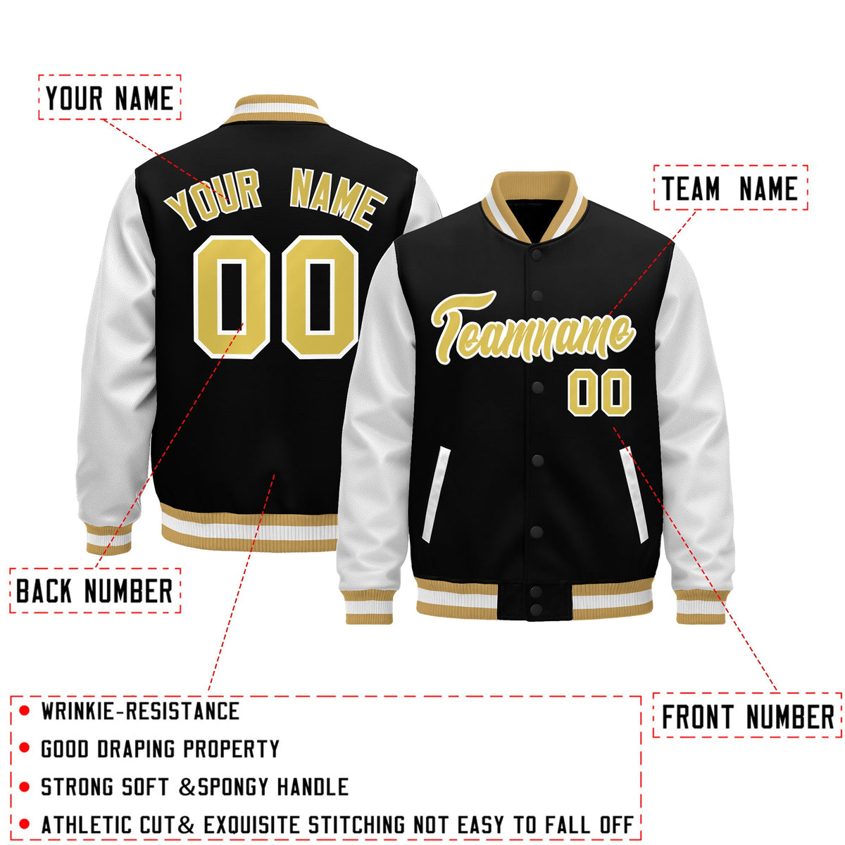 Custom Black Old Gold White Raglan Sleeves Varsity Full-Snap Leather Sleeves Letterman Jacket| KXKSHOP