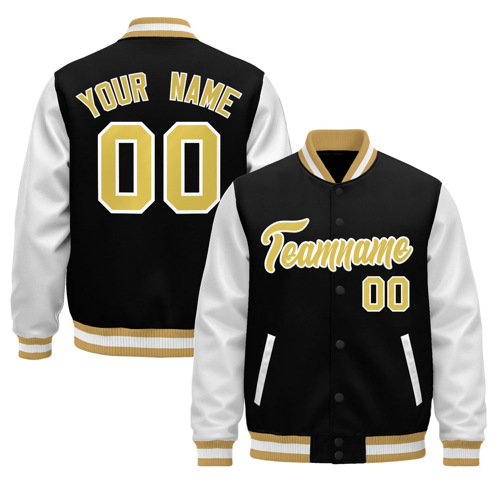 Custom Black Old Gold White Raglan Sleeves Varsity Full-Snap Leather Sleeves Letterman Jacket| KXKSHOP