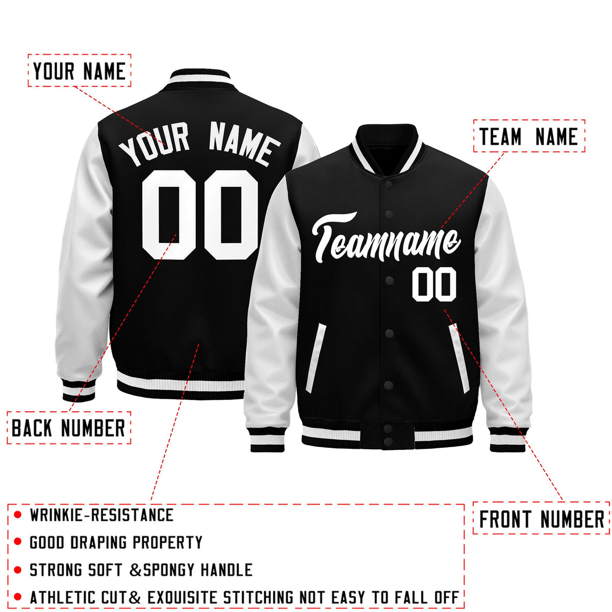 Custom White Black Raglan Sleeves Varsity Full-Snap Leather Sleeves Letterman Jacket| KXKSHOP