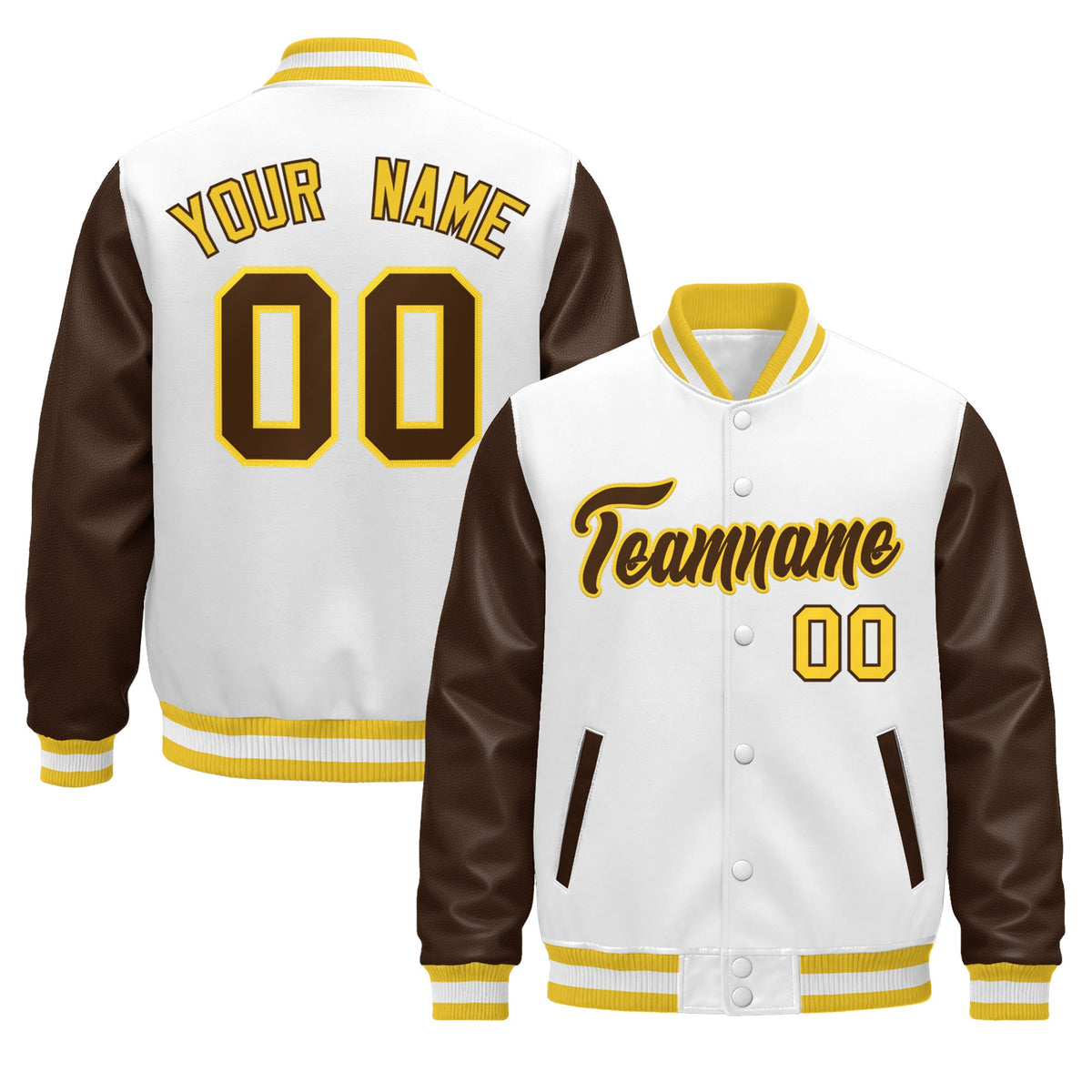 Custom White Brown Gold Raglan Sleeves Varsity Full-Snap Leather Sleeves Letterman Jacket| KXKSHOP