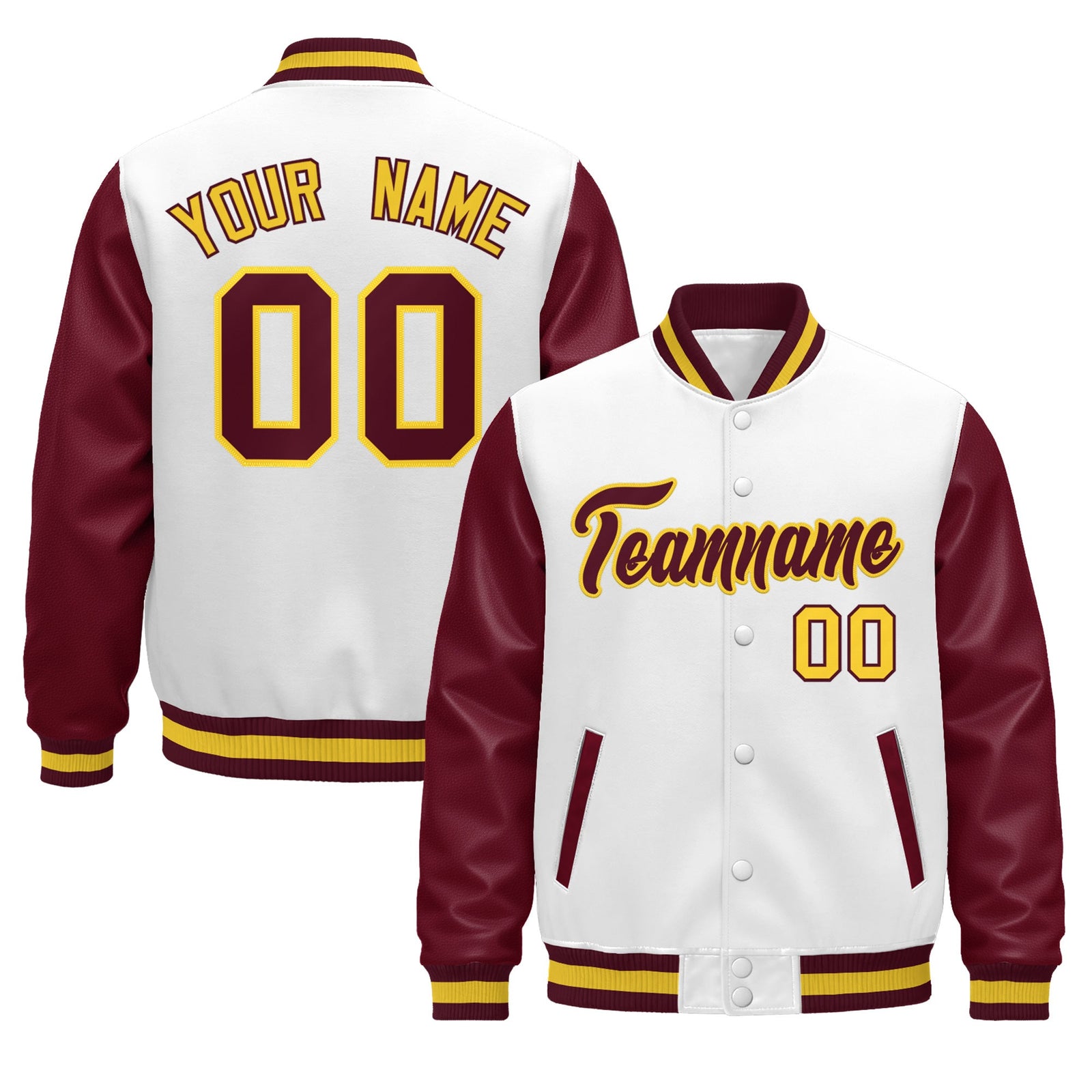 Custom Burgundy White Crimson Gold Raglan Sleeves Varsity Full-Snap Leather Sleeves Letterman Jacket| KXKSHOP