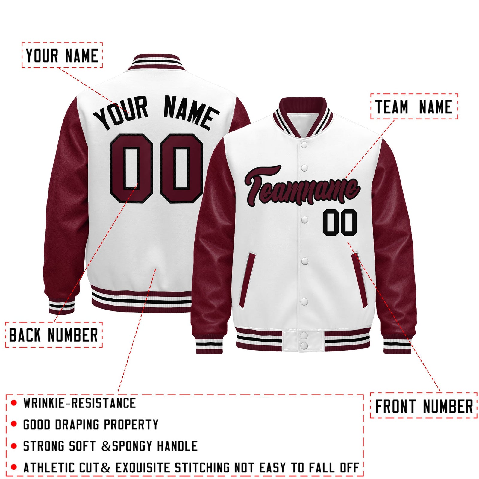 Custom Burgundy White Crimson Black Raglan Sleeves Varsity Full-Snap Leather Sleeves Letterman Jacket| KXKSHOP