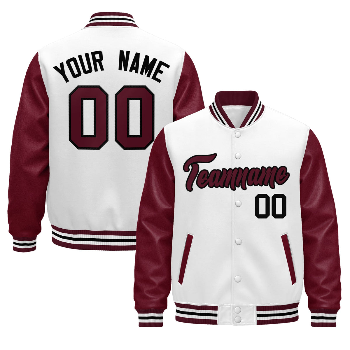 Custom Burgundy White Crimson Black Raglan Sleeves Varsity Full-Snap Leather Sleeves Letterman Jacket| KXKSHOP