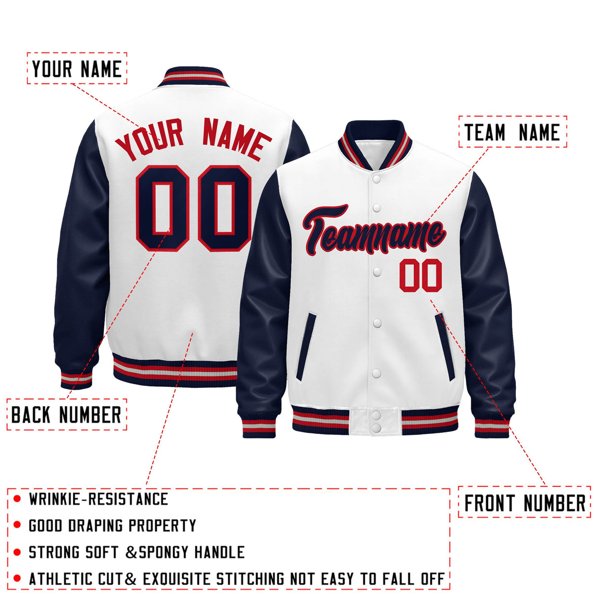 Custom Navy White Red Gray Raglan Sleeves Varsity Full-Snap Leather Sleeves Letterman Jacket| KXKSHOP