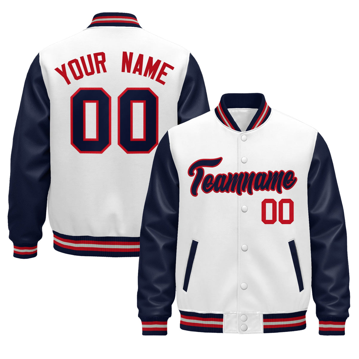 Custom Navy White Red Gray Raglan Sleeves Varsity Full-Snap Leather Sleeves Letterman Jacket| KXKSHOP