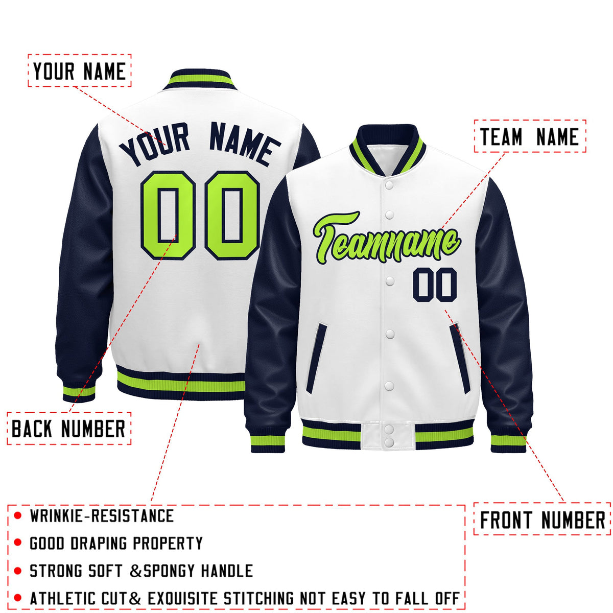 Custom Navy White Neon Green Raglan Sleeves Varsity Full-Snap Leather Sleeves Letterman Jacket| KXKSHOP