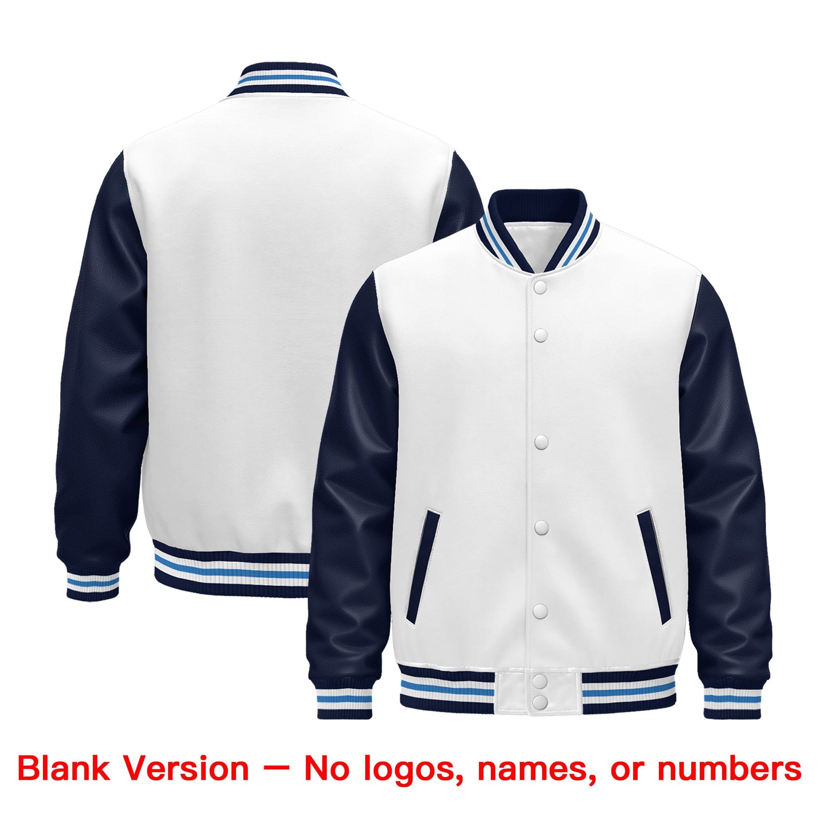 Custom Navy White Powder Blue Raglan Sleeves Varsity Full-Snap Leather Sleeves Letterman Jacket| KXKSHOP