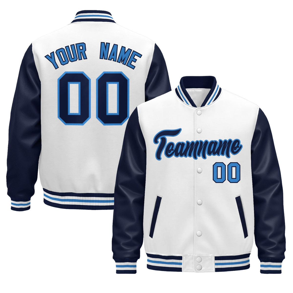 Custom Navy White Powder Blue Raglan Sleeves Varsity Full-Snap Leather Sleeves Letterman Jacket| KXKSHOP