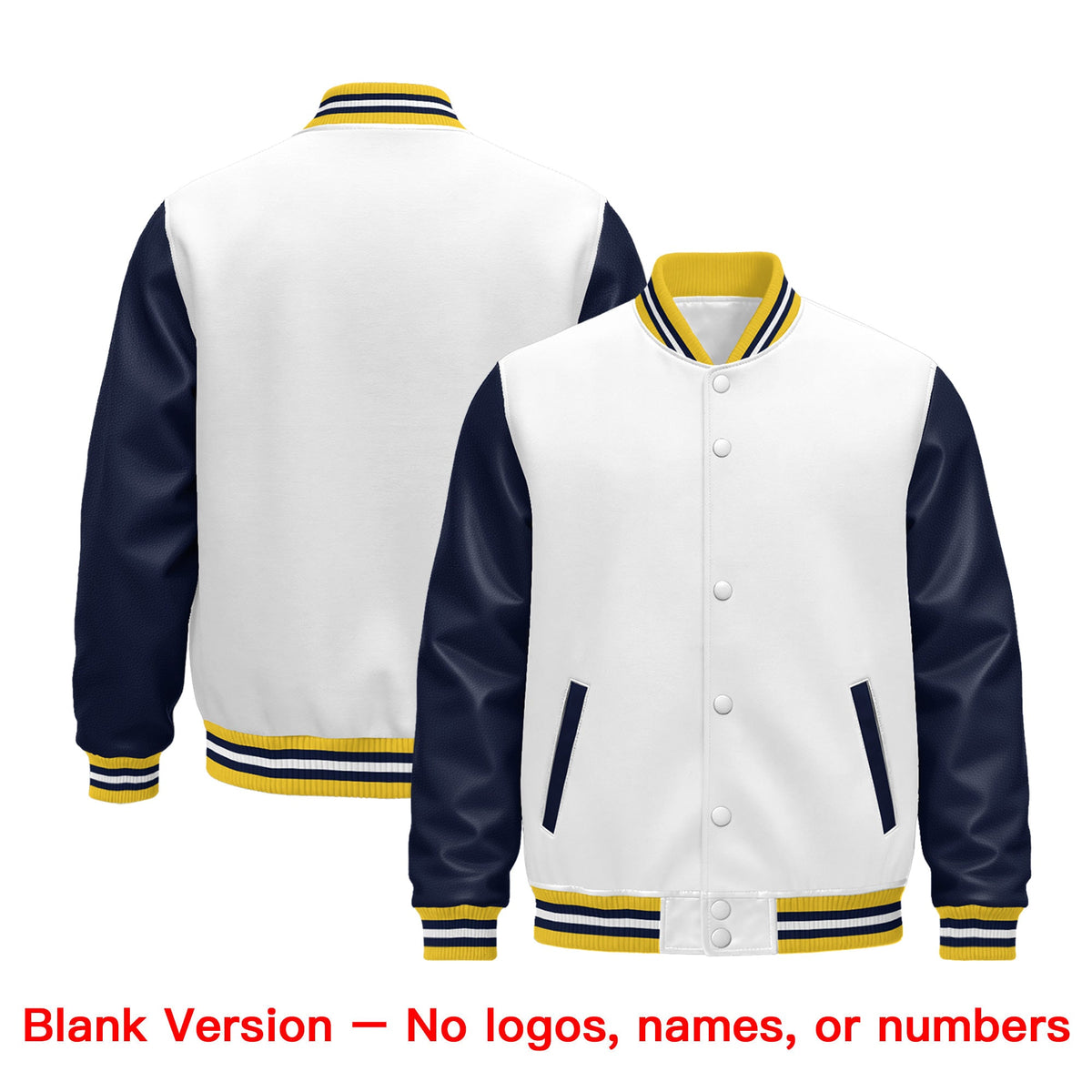 Custom Navy White Gold Raglan Sleeves Varsity Full-Snap Leather Sleeves Letterman Jacket| KXKSHOP