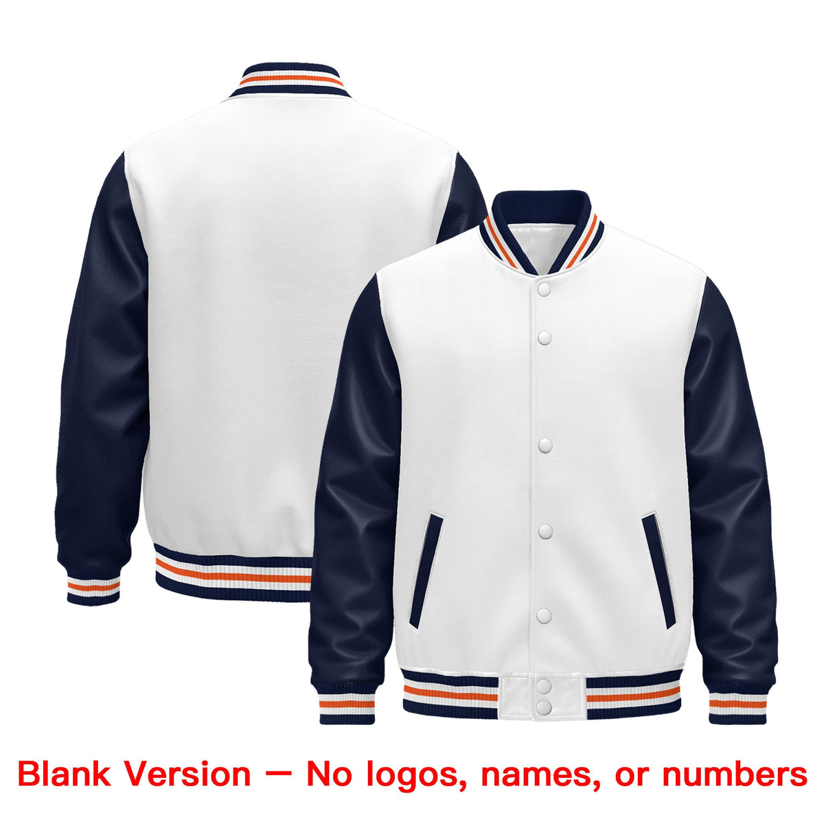 Custom Navy White Orange Raglan Sleeves Varsity Full-Snap Leather Sleeves Letterman Jacket| KXKSHOP