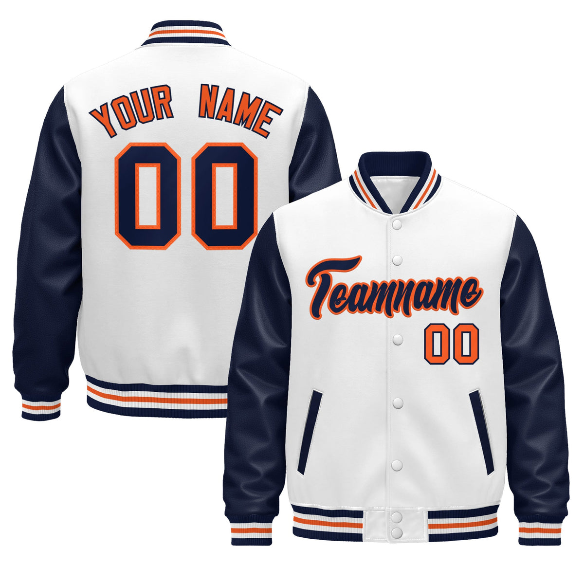 Custom Navy White Orange Raglan Sleeves Varsity Full-Snap Leather Sleeves Letterman Jacket| KXKSHOP