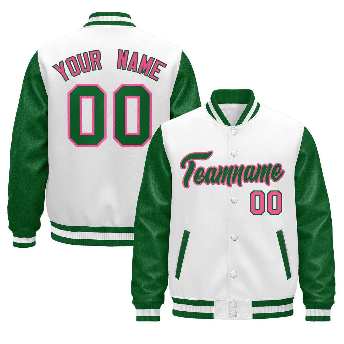 Custom Kelly Green White Rose Red Raglan Sleeves Varsity Full-Snap Letterman Jacket| KXKSHOP