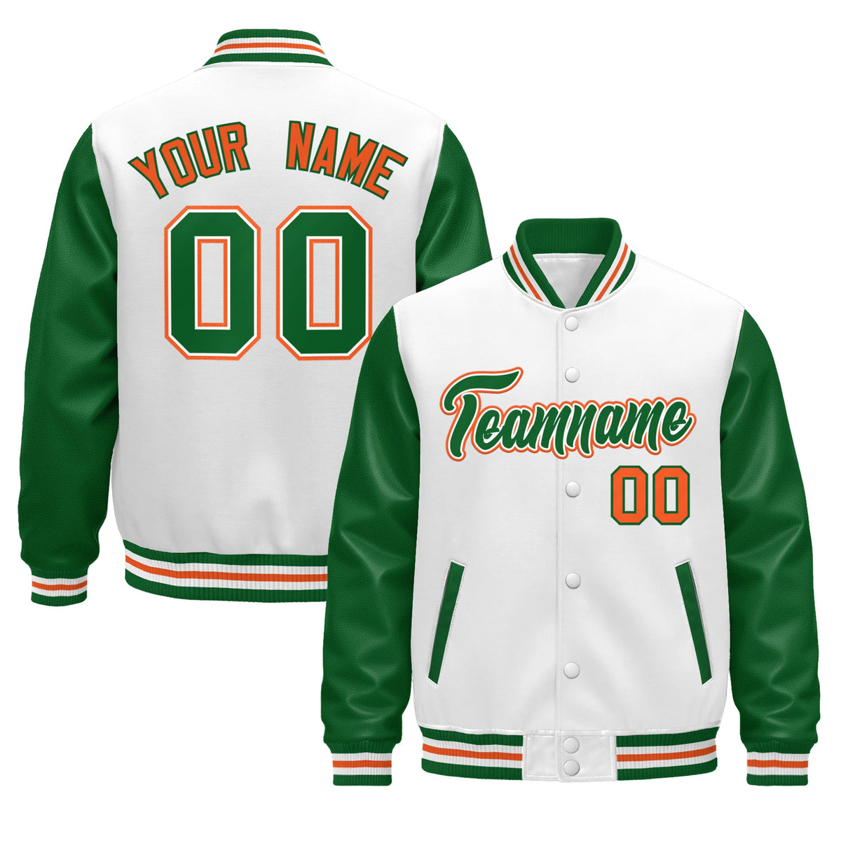 Custom White Kelly Green Orange Raglan Sleeves Varsity Full-Snap Letterman Jacket| KXKSHOP