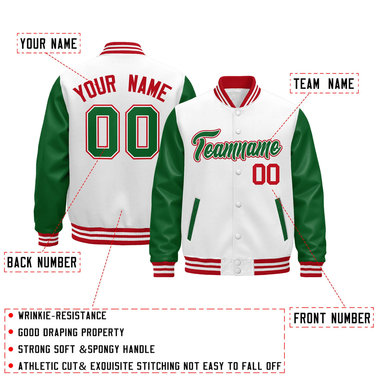 Custom Kelly Green White Red Raglan Sleeves Varsity Full-Snap Letterman Jacket| KXKSHOP