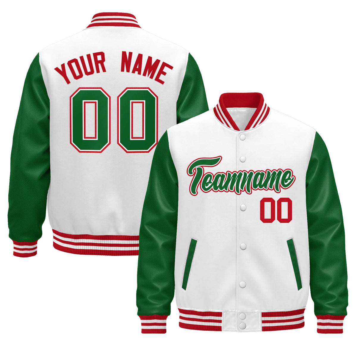 Custom Kelly Green White Red Raglan Sleeves Varsity Full-Snap Letterman Jacket| KXKSHOP