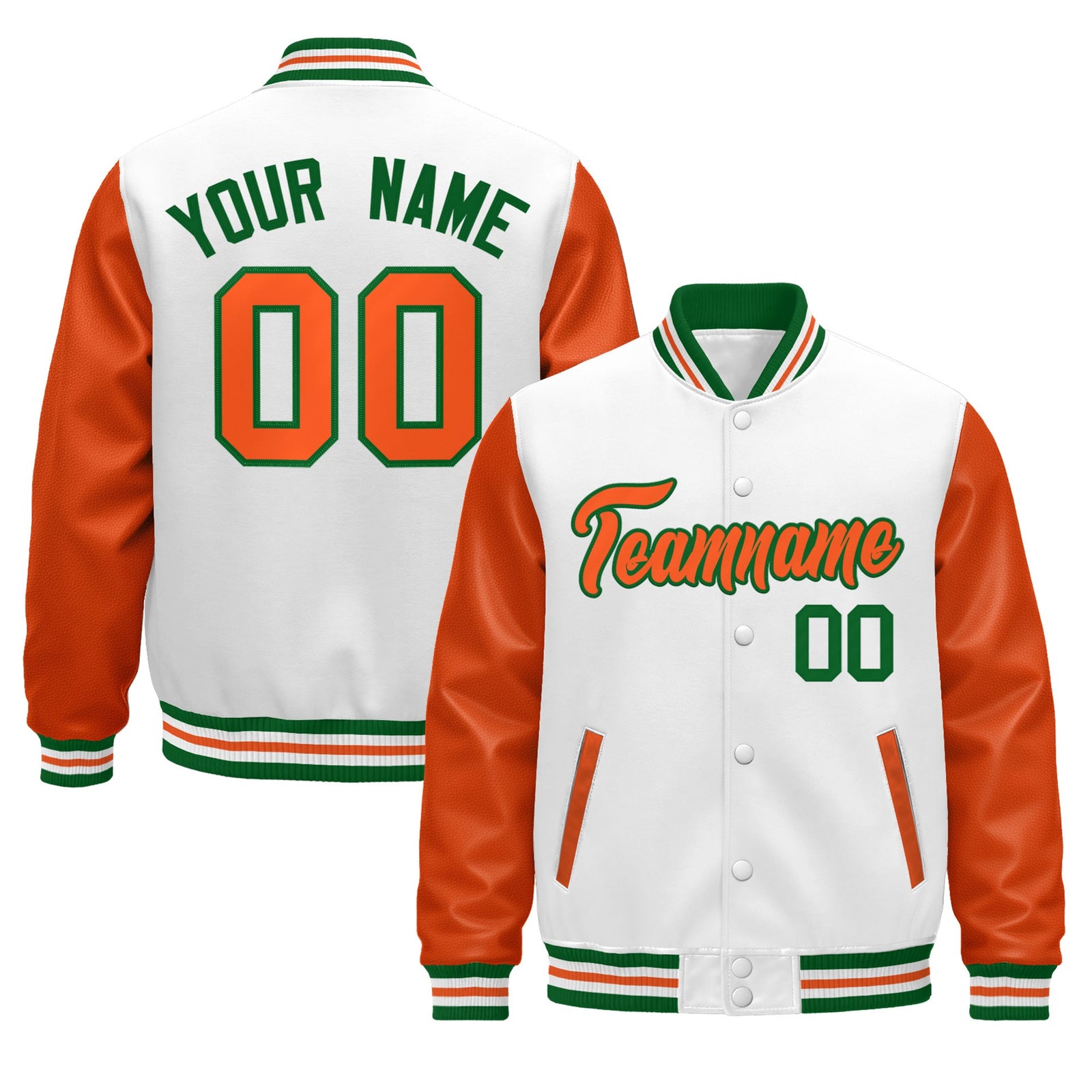 Custom White Orange Kelly Green Raglan Sleeves Varsity Full-Snap Leather Sleeves Letterman Jacket| KXKSHOP