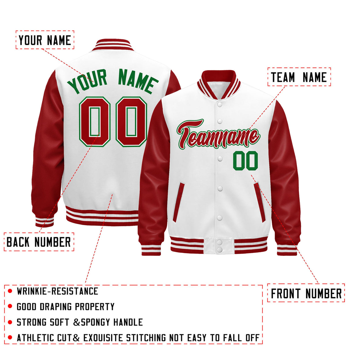 Custom Red White Kelly Green Raglan Sleeves Varsity Full-Snap Letterman Jacket| KXKSHOP