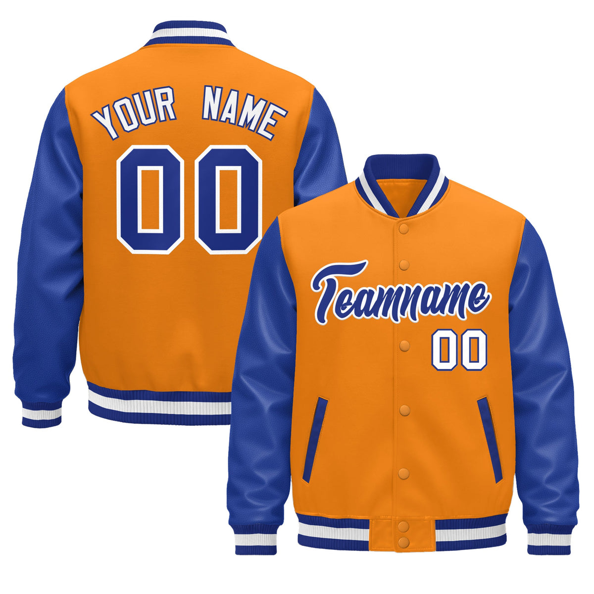 Custom Royal Blue Orange White Raglan Sleeves Varsity Full-Snap Leather Sleeves Letterman Jacket| KXKSHOP